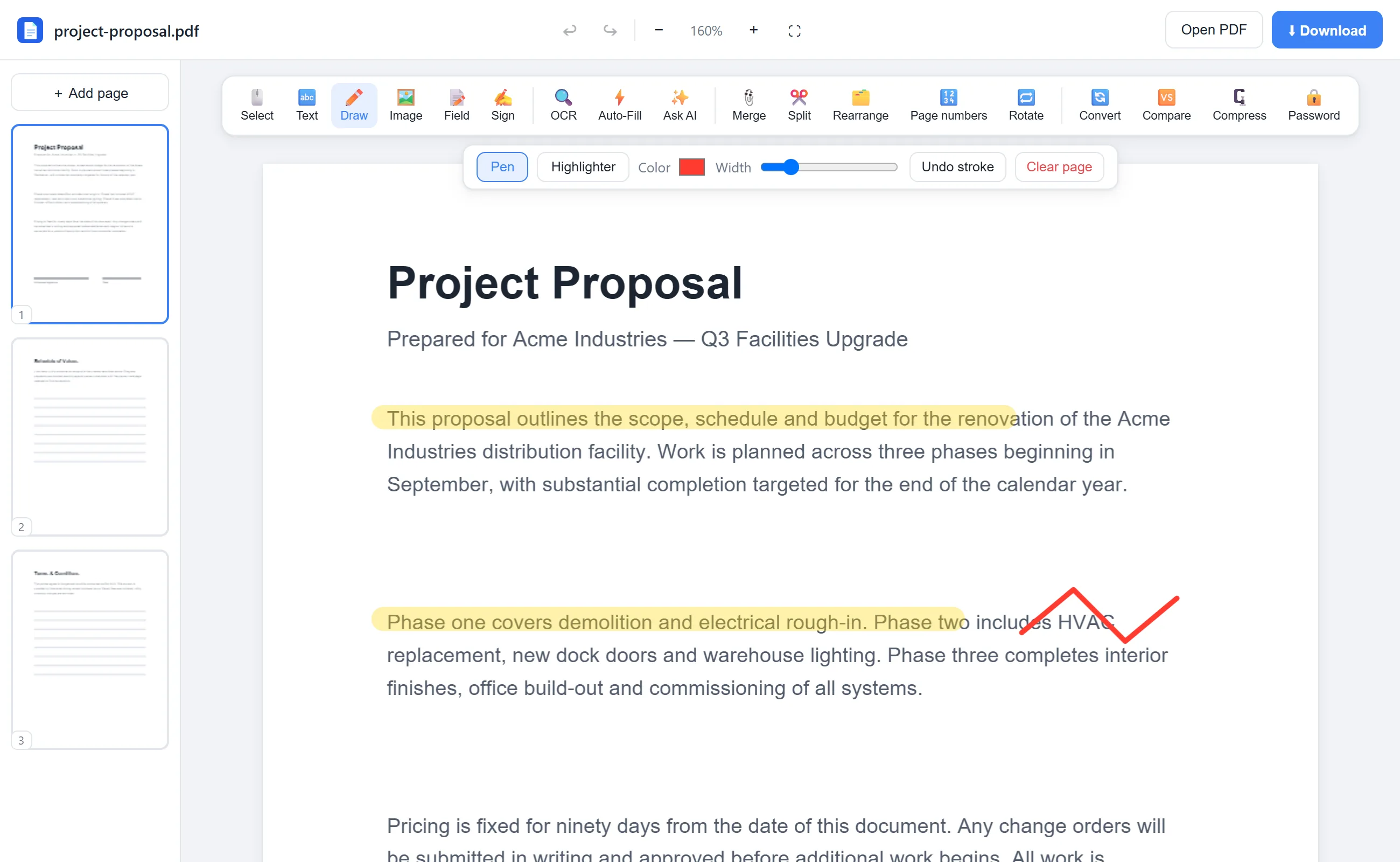 Highlighting lines of a PDF with the highlighter tool in EditFreePDF