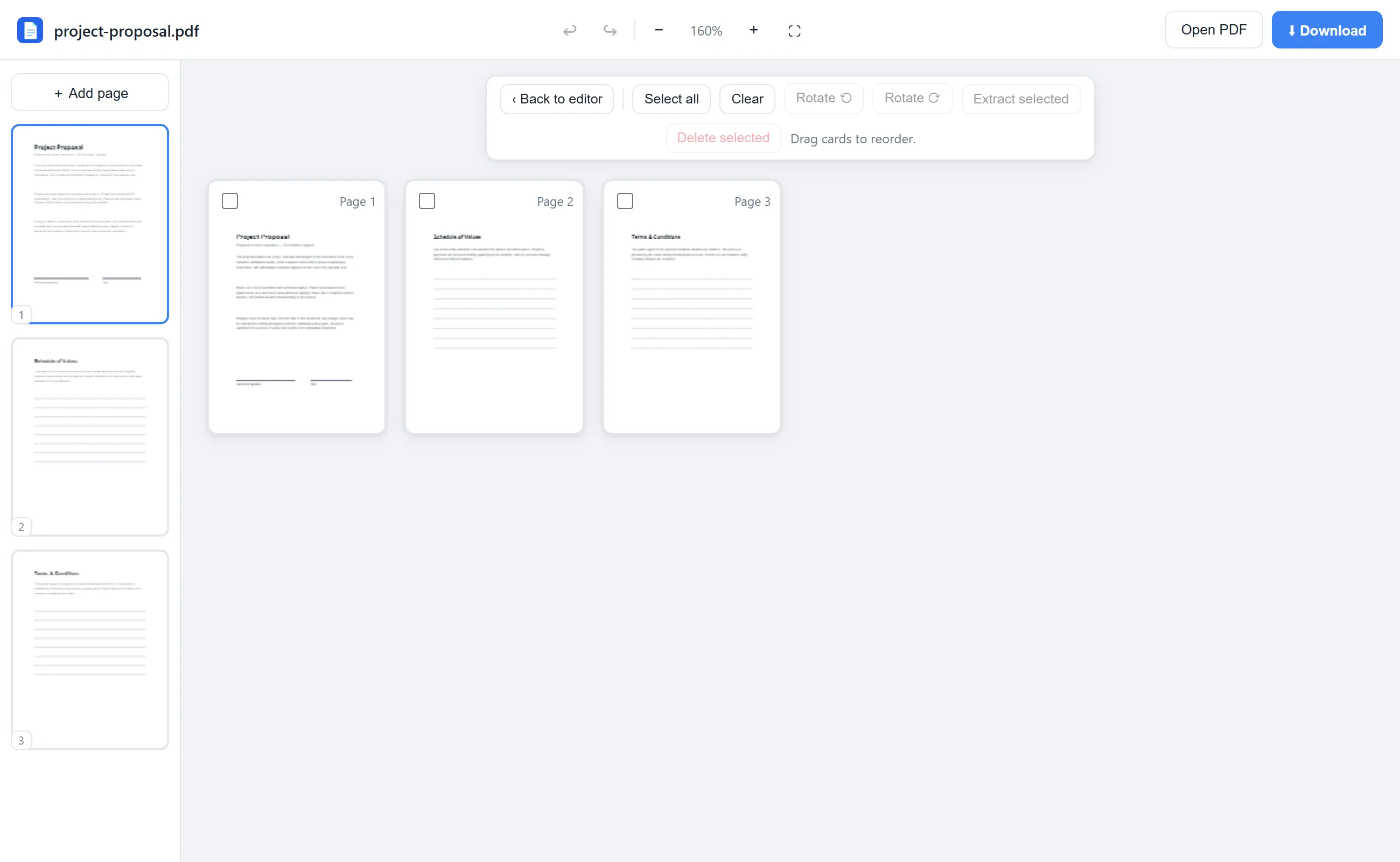 Selecting page thumbnails in EditFreePDF to split or extract