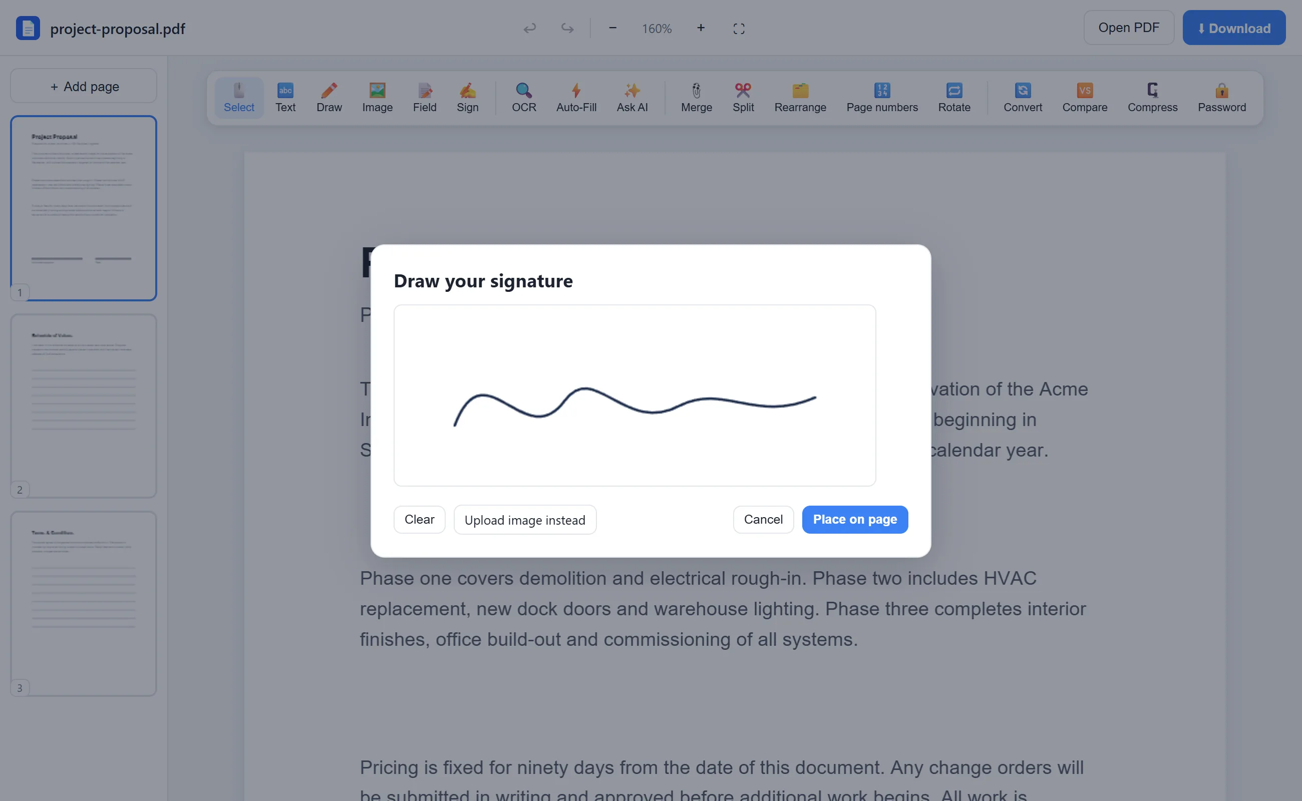 Drawing a signature in EditFreePDF's signature pad before placing it on the PDF